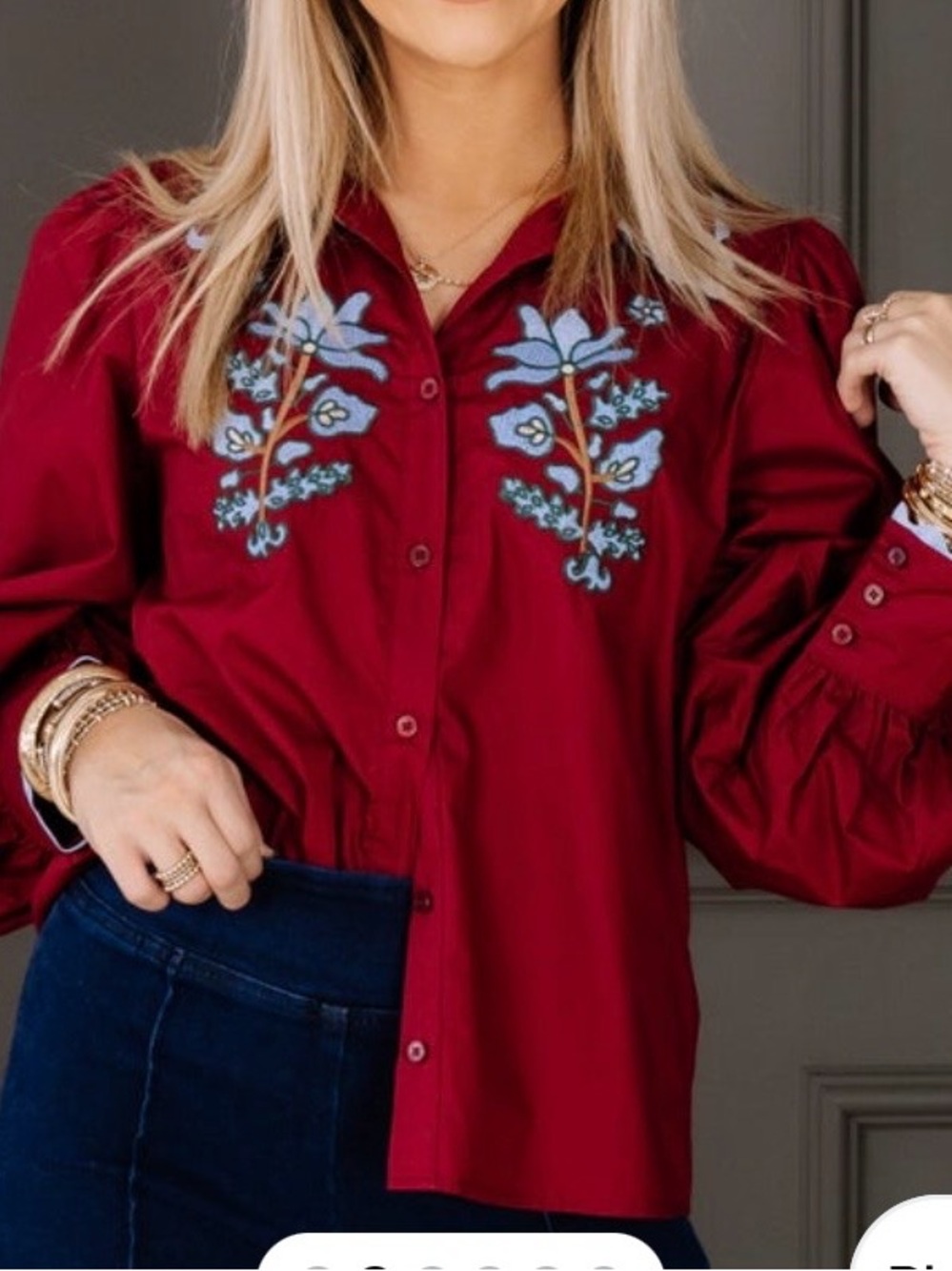 JODIFL Burgundy Button-Down Shirt with Blue Floral Embroidery